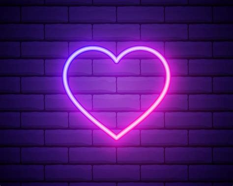 Banner de corazón brillante púrpura neón moderno sobre fondo oscuro de ladrillo grunge vacío ...