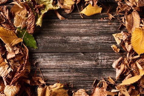 Frame border with autumn fall leaves on a dark wooden table 13947890 Stock Photo at Vecteezy