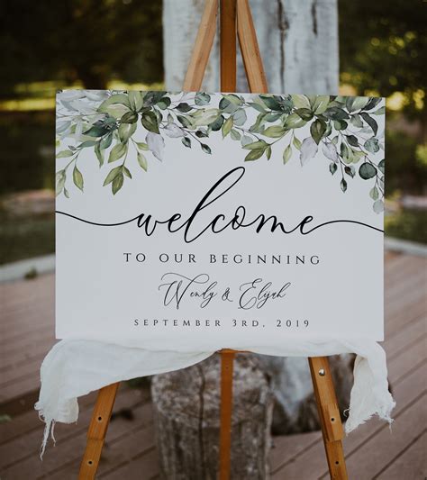 Greenery Welcome Wedding DIY Template Greenery Wedding Welcome Sign Cream Roses EDIT with ...