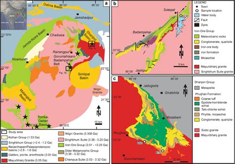 a Regional geological map of the Singhbhum Craton; study areas shown as... | Download Scientific ...