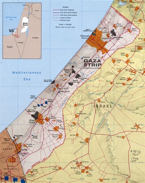 Large detailed political map of Gaza Strip with relief, roads, settlements and other marks ...