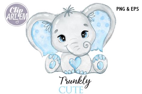 Cute Blush Blue Elephant Baby Watercolor PNG, EPS Clip Art By clipArtem ...