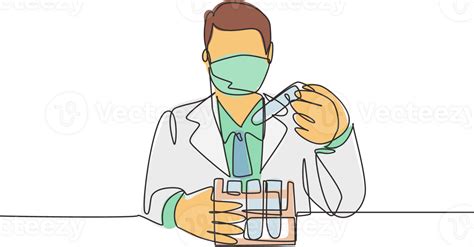 One continuous line drawing of young male laboratorian test blood sample from glass tube to find ...