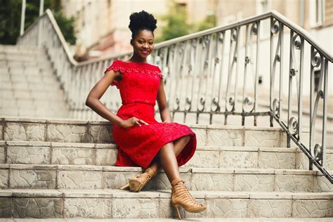 Woman in Red Off-shoulder Dress With Brown Leather High Heeled ...