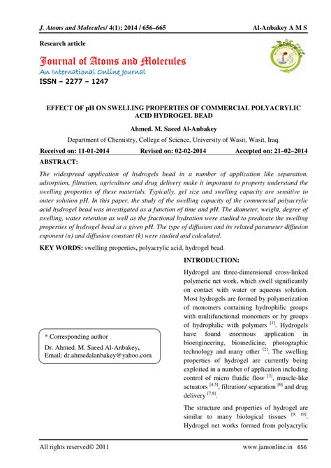 (PDF) EFFECT OF pH ON SWELLING PROPERTIES OF COMMERCIAL POLYACRYLIC ACID HYDROGEL BEAD