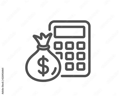 Calculator with money bag line icon. Accounting sign. Calculate finance symbol. Quality design ...