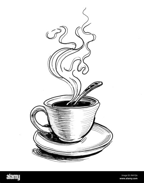 Hot cup of tea on a saucer. Ink black and white drawing Stock Photo - Alamy