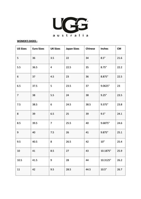 Ugg Size Chart printable pdf download