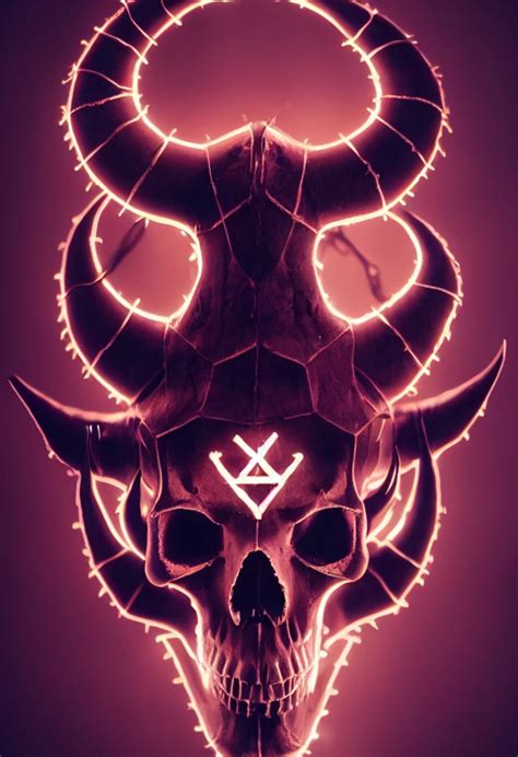 Horned Demon Skull, covered in burning satanic runes, | Midjourney