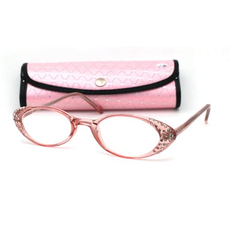 Womens Rhinestone Studded Oval Cat Eye Reading Glasses with Hard Case ...