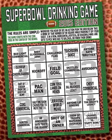 Superbowl 2015 Drinking Game Printable by NspireDesign on Etsy | Drinking games, Drinking, Games