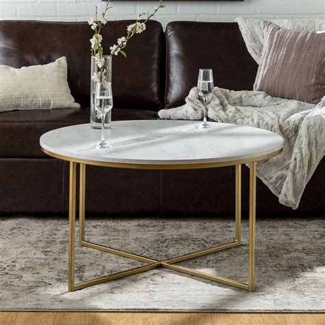 Ember Interiors Modern Round Coffee Table, Faux White Marble/Gold - Walmart.com