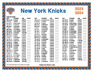 Printable 2023-2024 New York Knicks Schedule