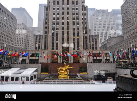 US, New York City. Rockefeller Center. The ice-skating rink outside the ...