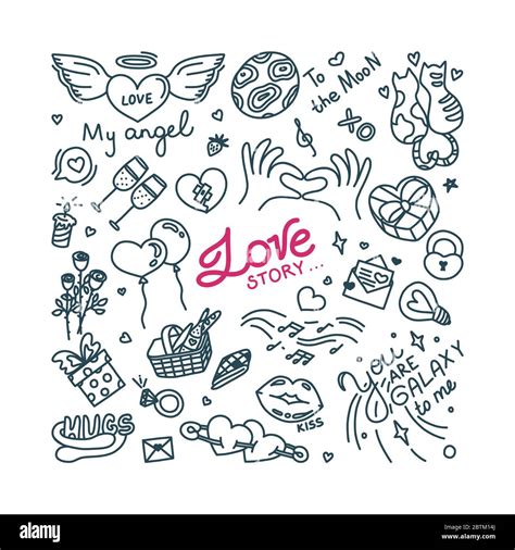 Doodle about love and romantic relationship. Print with hearts and ...