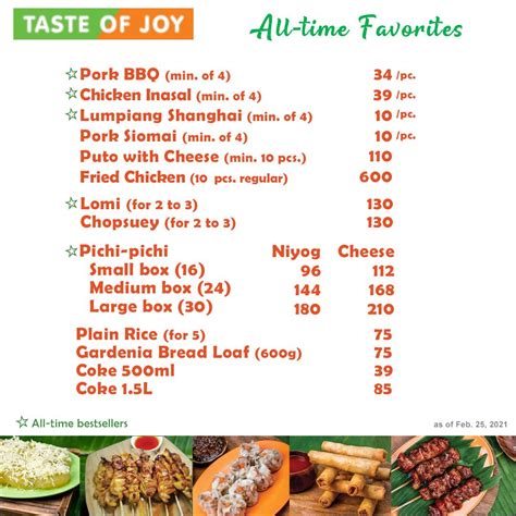 Menu at Taste of Joy - United (San Pedro) restaurant, San Pedro