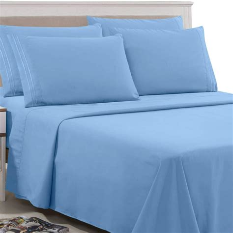 Bed Sheet Set, 6 Piece Deep Pocket Microfiber Bed Sheets Set, Queen Size Sheets, Light Blue ...