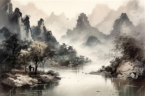 Premium Photo | A landscape painting in the traditional Chinese style ...