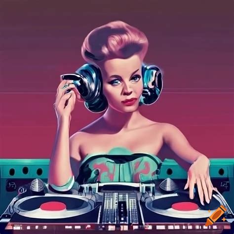 Retro sci-fi art of a 50s housewife dj on Craiyon