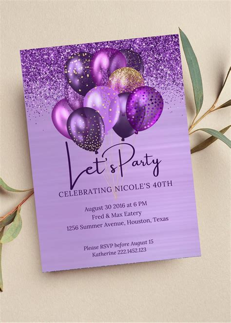 Editable Purple and Gold Birthday Invitation Let's Party - Etsy | Birthday invitations, Purple ...