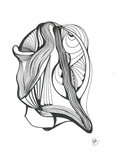 a black and white drawing of an abstract object with wavy lines in the shape of a face