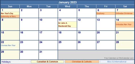 January 2023 Canada Calendar with Holidays for printing (image format)