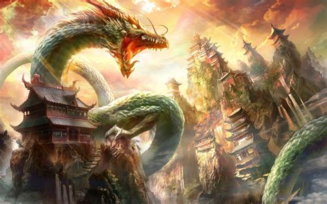 Wyrm and temple on mountain digital wallpaper, fantasy art, dragon, Chinese architecture ...