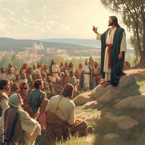 Illustration of Jesus speaking by parables to the people in a sunset environment Generative AI ...