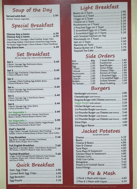 Menu at Cosy Cafe, South Benfleet