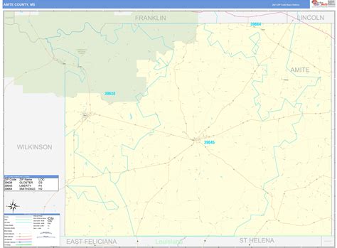 Amite County, MS Zip Code Wall Map Basic Style by MarketMAPS - MapSales