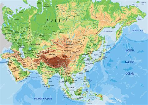 Premium Vector | High detailed asia physical map with labeling