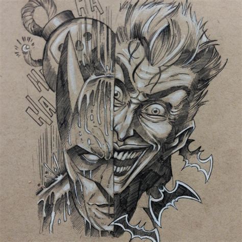 Batman/joker drawing on toned tan paper with pencil, black ballpoint ...