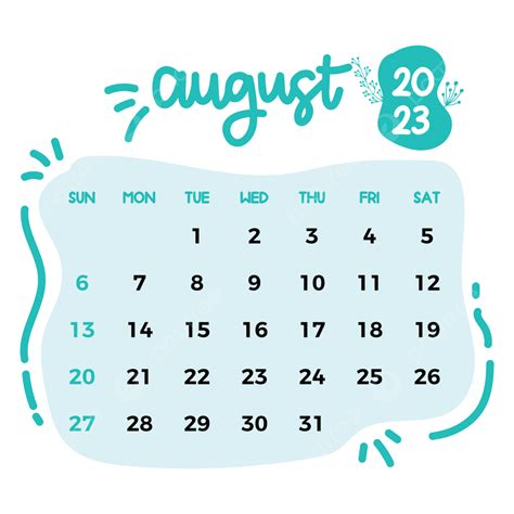 August 2023 Calendar Vector Illustration, August 2023, August, Monthly Calendar PNG and Vector ...