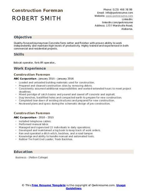 Construction Foreman Resume Samples | QwikResume