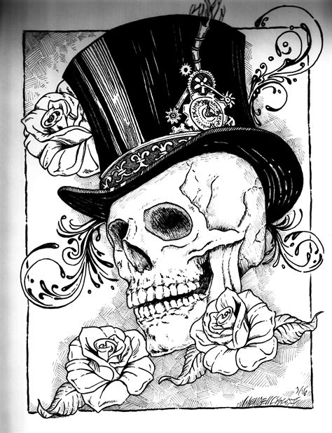 Top hat, skull and roses w/ some steampunk infusion - pen & ink by ...