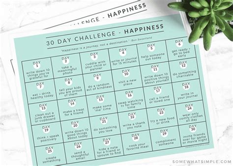 30 Day Happiness Challenge (FREE Printable) - Somewhat Simple