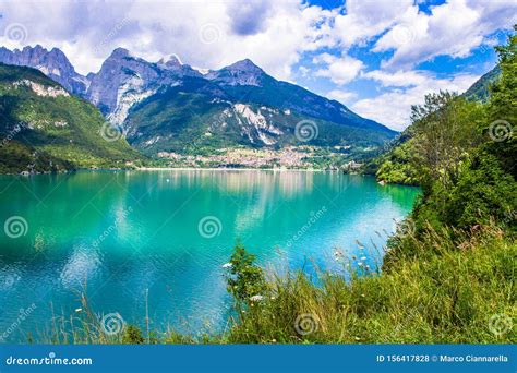 Molveno Lake in Italy stock photo. Image of blue, tourism - 156417828