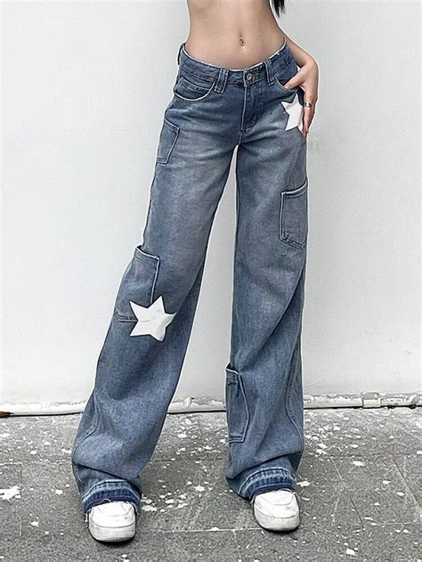 Y2K Streetwear Star Print Low Rise Flared Jeans | Casual outfits, Low ...