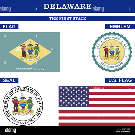 Delaware Symbol collection with flag, seal, US flag and emblem as vector. The First State ...