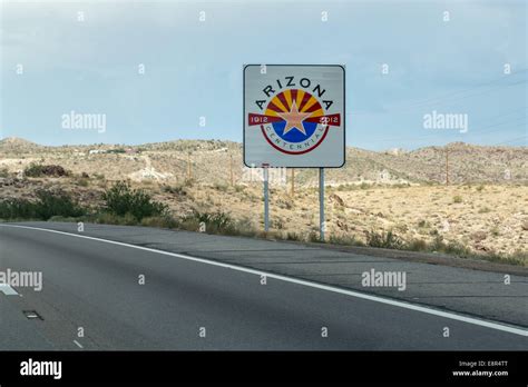 Arizona sign on the border from California to Arizona on the street ...