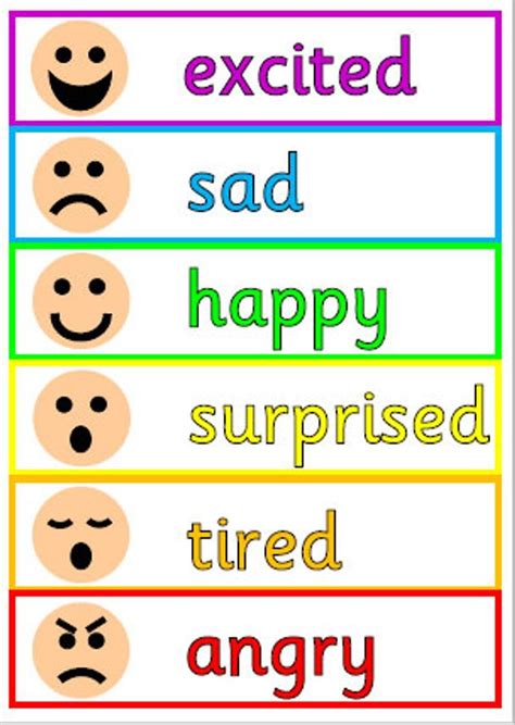 the words are arranged in different colors with smiley faces on each word and an angry expression