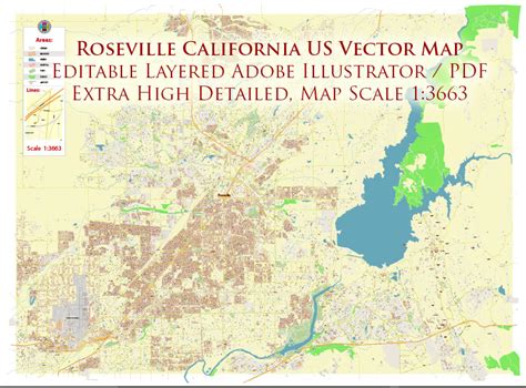 Roseville California US PDF Vector Map: Extra High Detailed Street Map ...