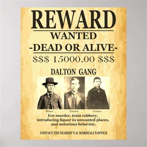 Dalton Gang Reward Offered Wanted Poster | Zazzle