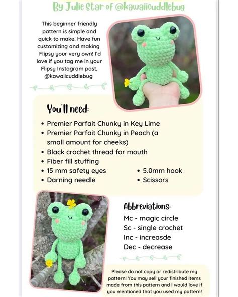 Green frog crochet pattern, with bulging eyes, long frog arms.