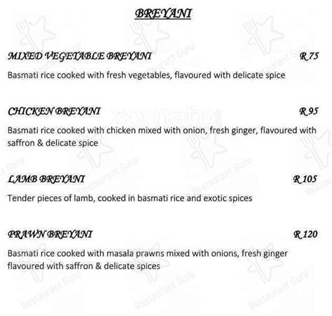 Menu at Velvet Lounge club, Durban