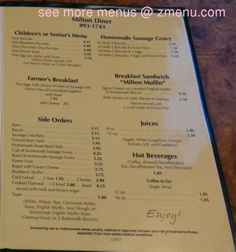 Online Menu of Milton Diner Restaurant, Milton, Vermont, 05468 - Zmenu