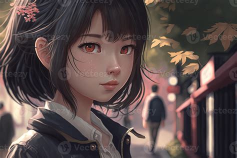 Illustration of a Japan anime schoolgirl with brown eyes and brown hairs, face tattoo looks ...