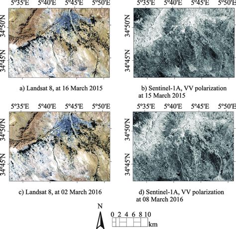 Landsat 8 images taken at 2015 in a) and 2016 in c), and their ...