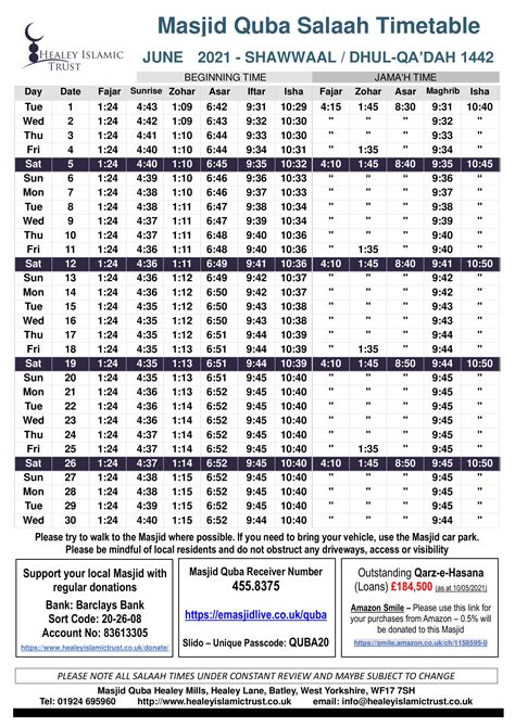 Salaah Times - Masjid Quba - Healey Islamic Trust