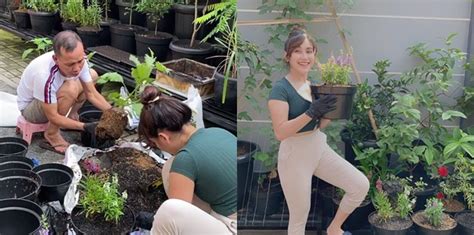 7 Potraits of Ayu Ting Ting and Her Father Having Fun Gardening, Showing Natural and Playful Faces